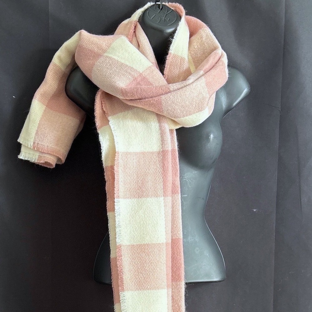 Pink Cream Buffalo Check Plaid Oversized Scarf Frayed Barbiecore Feminine Dainty